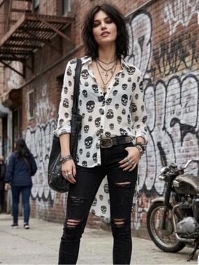 Fun & Flirt Skull Gothic Shirt White/Black Button-Up Lightweight Chiffon Large